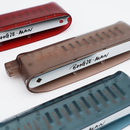 Boogie-Man harmonicas in red, brown, and blue with sleek design for musicians
