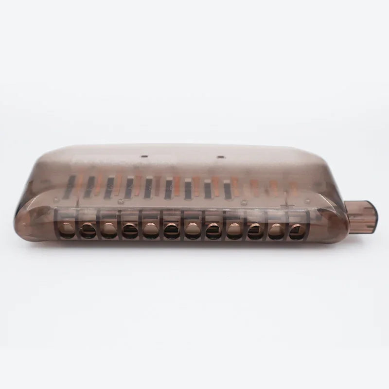 Top view of a brown harmonica